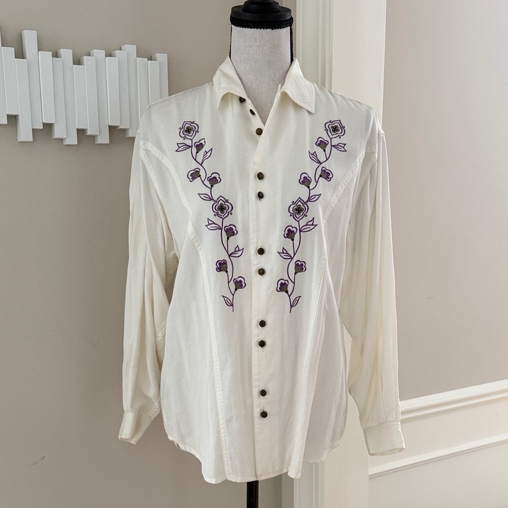 Vintage Liz Wear Embroidered Blouse Petite M Boho Western Floral